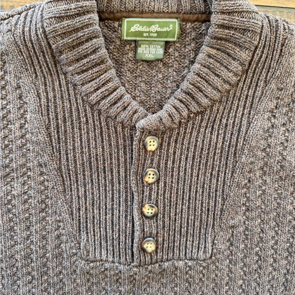 Eddie Bauer Men's Brown Ribbed Button-Neck Sweater - Picture 2 of 4